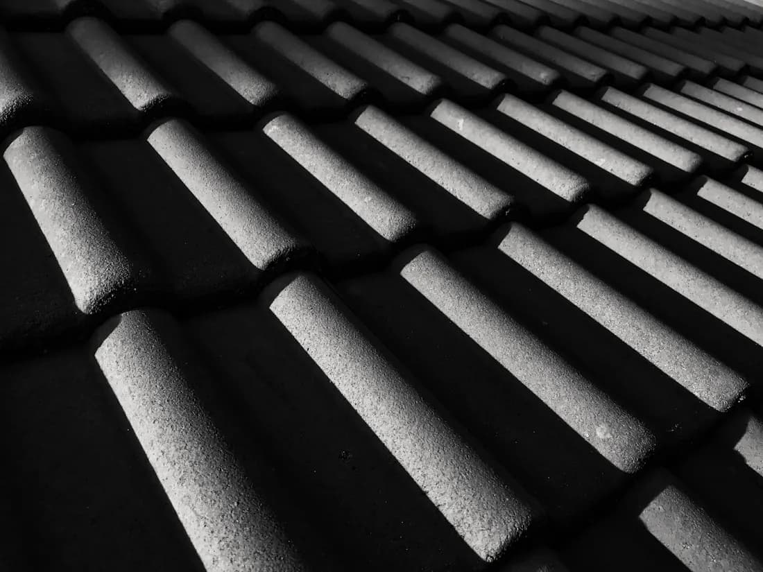 Close view of rows of dark roof tiles in raking light.